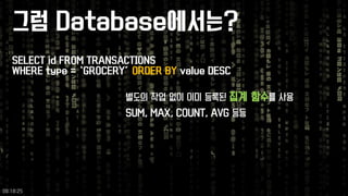 그럼Database에서는? 
SELECT id FROM TRANSACTIONS 
WHERE type = ‘GROCERY’ ORDER BYvalue DESC 
별도의작업없이이미등록된집계함수를사용 
SUM, MAX, COUNT, AVG등등 
09:18:25 
 