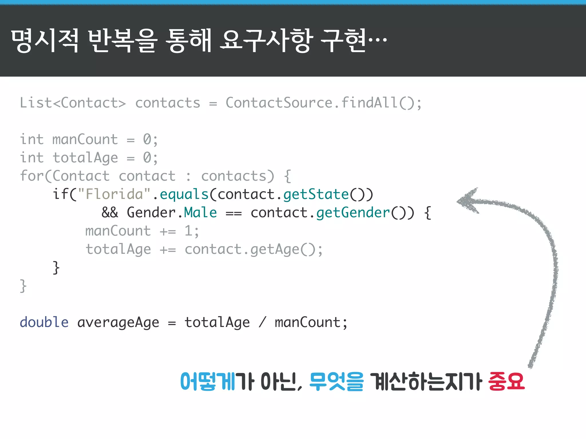 명시적 반복을 통해 요구사항 구현… 
List<Contact> contacts = ContactSource.findAll(); 
int manCount = 0; 
int totalAge = 0; 
for(Contact contact : contacts) { 
if("Florida".equals(contact.getState()) 
&& Gender.Male == contact.getGender()) { 
manCount += 1; 
totalAge += contact.getAge(); 
} 
} 
! 
double averageAge = totalAge / manCount; 
어떻게가 아닌, 무엇을 계산하는지가 중요 
 
