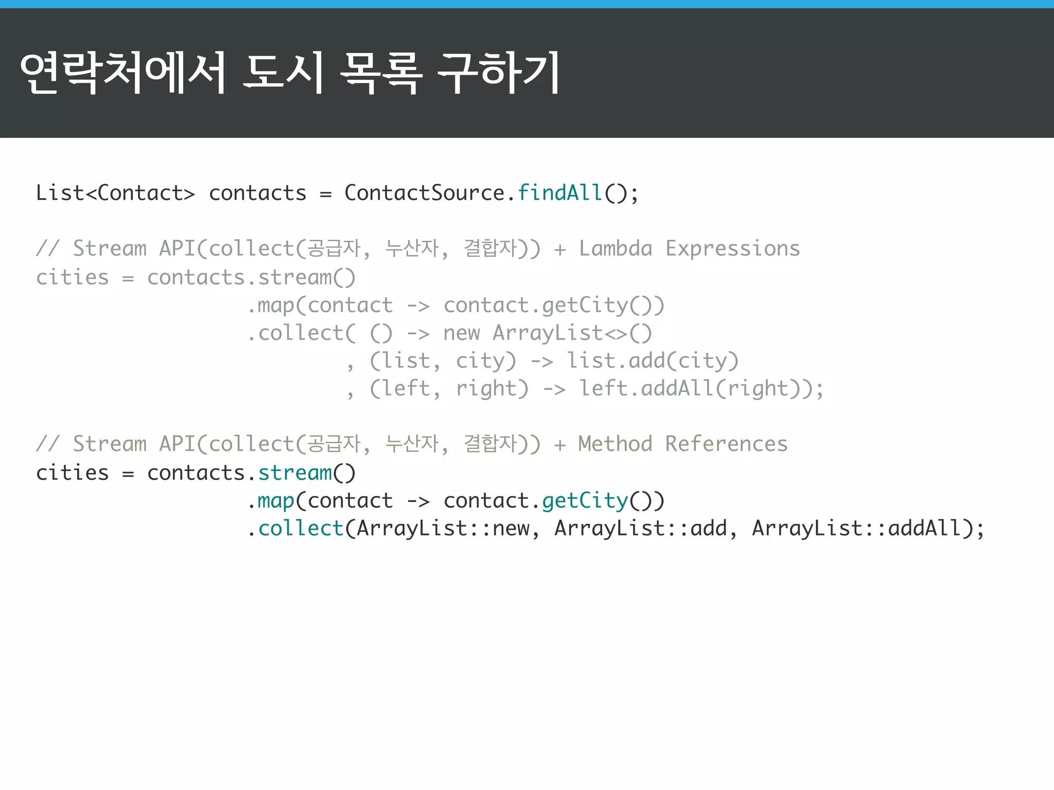 신뢰할 수 없는 반환값 
ListContact contacts = ContactSource.findAll(); 
! 
Contact contact = contacts.stream() 
.filter(c - Florida.equals(c.getState())) 
.findFirst(); 
! 
contact.call(); 
contact == null이면…? 
NullPointerException이 발생! 
 