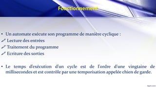 Fonctionnement
• Un automate exécute son programme de manière cyclique :
 Lecture des entrées
 Traitement du programme
 Ecriture des sorties
• Le temps d’exécution d’un cycle est de l'ordre d'une vingtaine de
millisecondes et est contrôle par une temporisation appelée chien de garde.
 