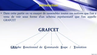 Introduction
• Dans cette partie on va essayer de rassembler toutes ces notions que l’on a
venu de voir sous forme d’un schéma représentatif que l’on appelle
GRAFCET
GRAFCET
GRAphe Fonctionnel de Commande Etape / Transition
 