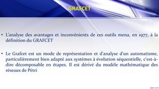 GRAFCET
• L’analyse des avantages et inconvénients de ces outils mena, en 1977, à la
définition du GRAFCET
• Le Grafcet est un mode de représentation et d'analyse d'un automatisme,
particulièrement bien adapté aux systèmes à évolution séquentielle, c'est-à-
dire décomposable en étapes. Il est dérivé du modèle mathématique des
réseaux de Pétri
 