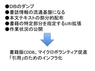 ●ＤＢのダンプ
●書誌情報の流通基盤になる
●本文テキストの部分的配布
●書籍の特定部分を指定するURI拡張
●作業状況の公開
書籍版CDDB、マイクロボランティア促進
「引用」のためのインフラ化
 