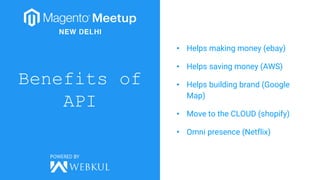 Benefits of
API
• Helps making money (ebay)
• Helps saving money (AWS)
• Helps building brand (Google
Map)
• Move to the CLOUD (shopify)
• Omni presence (Netflix)
 