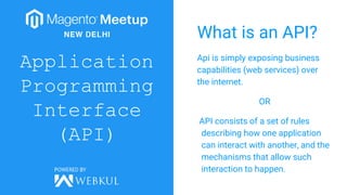 Application
Programming
Interface
(API)
What is an API?
Api is simply exposing business
capabilities (web services) over
the internet.
OR
API consists of a set of rules
describing how one application
can interact with another, and the
mechanisms that allow such
interaction to happen.
 