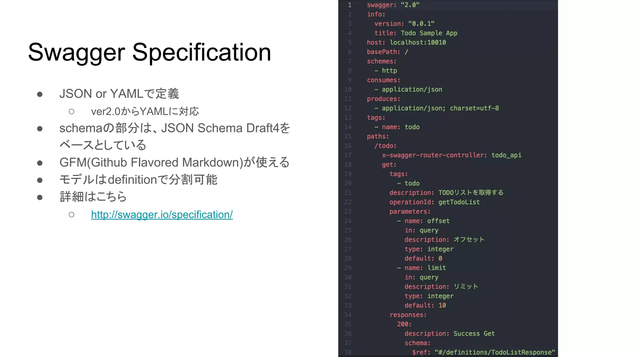 Swagger Specification
● JSON or YAMLで定義
○ ver2.0からYAMLに対応
● schemaの部分は、JSON Schema Draft4を
ベースとしている
● GFM(Github Flavored Markdown)が使える
● モデルはdefinitionで分割可能
● 詳細はこちら
○ http://swagger.io/specification/
 