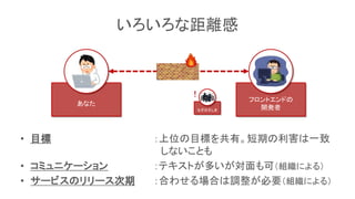 あなた
フロントエンドの
開発者
いろいろな距離感
• 目標 ：上位の目標を共有。短期の利害は一致
しないことも
• コミュニケーション ：テキストが多いが対面も可（組織による）
• サービスのリリース時期 ：合わせる場合は調整が必要（組織による）
なぞのそしき
！
 