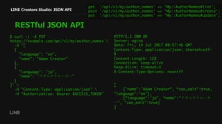 LINE Creators Studio: JSON API
RESTful JSON API
$ curl -i -X PUT
https://example.com/api/v1/my/author_names 
-d '[
{
"language": "en",
"name": "Adam Creator"
},
{
"language": "ja",
"name": "アダムクリエーター"
}
]' 
-H "Content-Type: application/json" 
-H "Authorization: Bearer $ACCESS_TOKEN"
HTTP/1.1 200 OK
Server: nginx
Date: Fri, 14 Jul 2017 08:57:46 GMT
Content-Type: application/json; charset=utf-
8
Content-Length: 128
Connection: keep-alive
Keep-Alive: timeout=3
X-Content-Type-Options: nosniff
[
{"name":"Adam Creator”, “can_edit":true,
"language":"en"},
{“language":"ja", “name":"アダムクリエータ
ー", "can_edit":true}
]
get '/api/v1/my/author_names' => 'My::AuthorNames#list';
post '/api/v1/my/author_names' => 'My::AuthorNames#create';
put '/api/v1/my/author_names' => 'My::AuthorNames#update';
 