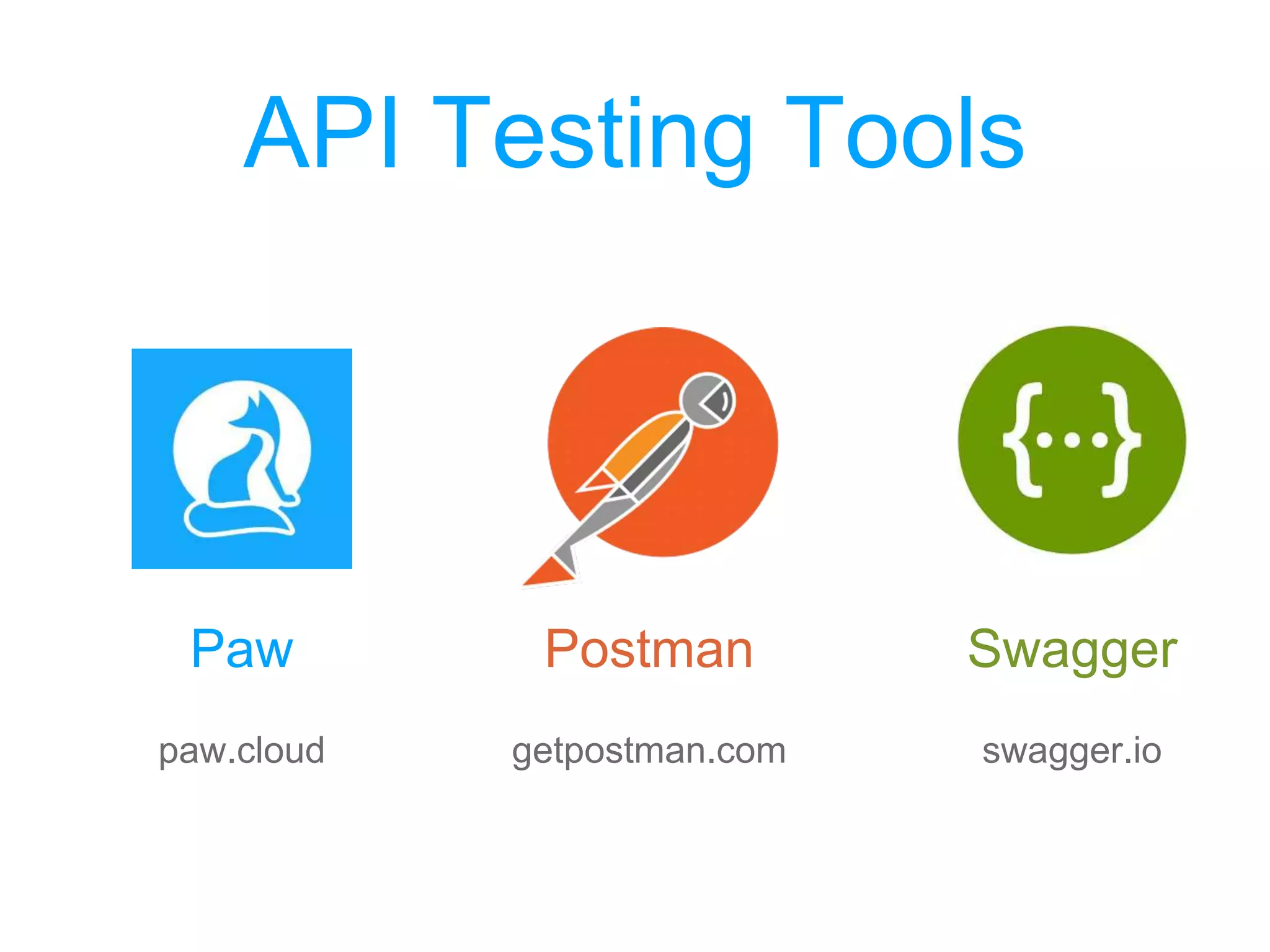 API Testing Tools
Paw Postman Swagger
paw.cloud getpostman.com swagger.io
 