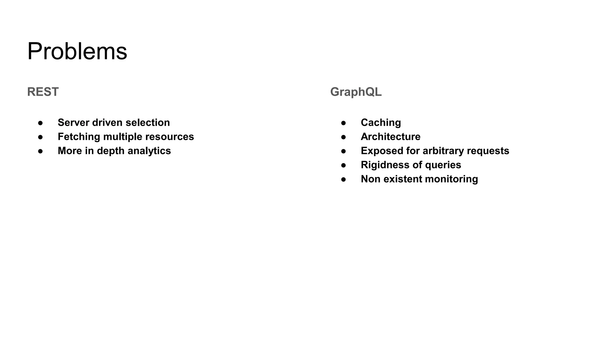 REST
● Server driven selection
● Fetching multiple resources
● More in depth analytics
GraphQL
● Caching
● Architecture
● Exposed for arbitrary requests
● Rigidness of queries
● Non existent monitoring
Problems
 
