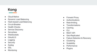 Kong
● Cloud-Native
● Dynamic Load Balancing
● Hash-based Load Balancing
● Circuit-Breaker
● Health Checks
● Service Discovery
● Serverless
● WebSockets
● OAuth2.0
● Logging
● Security
● Syslog
● SSL
● Monitoring
● Forward Proxy
● Authentications
● Rate-limiting.
● Transformations
● Caching
● CLI
● REST API
● Geo-Replicated
● Failure Detection & Recovery
● Clustering
● Scalability
● Performance
● Plugins
 