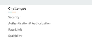 Challenges
Security
Authentication & Authorization
Rate Limit
Scalability
 