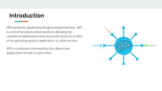 Introduction
API stands for Application Programming Interface. API
is a set of functions and procedures allowing the
creation of applications that access the features or data
of an operating system, application, or other service.
API is a software intermediary that allows two
applications to talk to each other.
 