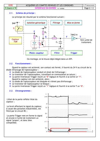 1STE ACQUÉRIR LES COMPTES RENDUES ET LES CONSIGNES L.T Mohammedia
F.Cours n°9 INTERFACE EN ENTRÉE Prof : MAHBAB Page 2 / 2
3.1. Schéma de principe :
Le principe est résumé par le schéma fonctionnel suivant :
Ce montage, on le trouve déjà intégré dans un API.
3.2. Fonctionnement :
Quand le capteur est actionné, son contact est fermé, il fournit du 24 V au circuit de la
diode infrarouge de l'optocoupleur :
 La diode de l'optocoupleur conduit et émet de l'infrarouge ;
 Le transistor de l’optocoupleur, travaillant en commutation se sature ;
 La porte inverseuse Trigger reçoit un ‘0’ logique et fournit à sa sortie un ‘1’.
Quand le capteur est non actionné, alors :
 La diode de l'optocoupleur est bloquée et n'émet pas d'infrarouge ;
 Le transistor de l'optocoupleur se bloque ;
 La porte inverseuse Trigger reçoit un ‘1’ logique et fournit à sa sortie T un ‘0’.
3.3. Chronogrammes :
L'état de la porte reflète l'état du
capteur ;
Le bruit affectant le signal du capteur,
à cause des parasites industrielles, est
filtré par le circuit RC ;
La porte Trigger met en forme le signal
et envoie à l'unité de traitement un
signal "propre", et donc bien
compatible.
5v
R3
S
R1
R2
C1
74HC14
Mise en forme
Vers unité de
traitement
24v FiltrageIsolation galvanique
TriggerFiltrePhoto- coupleur
Capteur
TOR
C
Q F T
 