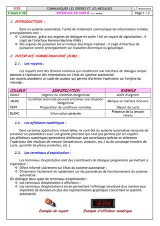 1STE COMMUNIQUER LES ORDRES ET LES MESSAGES L.T Mohammedia
F.Cours n°10 INTERFACE EN SORTIE Prof : MAHBAB Page 1 / 2
1. INTRODUCTION :
Dans un système automatisé, l'unité de traitement communique les informations traitées
principalement vers :
 L'utilisateur, grâce aux organes de dialogue en sortie ? tel un voyant de signalisation ; il
s'agit de l'interface Homme/Machine (IHM) ;
 Des organes de puissance tel un moteur électrique triphasé ; il s'agit d'interface de
puissance centré principalement sur l'isolation électrique ou galvanique.
2. INTERFACE HOMME/MACHINE (IHM) :
2.1. Les voyants :
Les voyants sont des témoins lumineux qui constituent une interface de dialogue simple
donnant à l'opérateur des informations sur l'état du système automatisé.
Les voyants possèdent un code de couleur qui permet d'orienter l'opérateur sur l'origine du
message :
COULEUR SIGNIFICATION EXEMPLE
ROUGE Urgence ou condition dangereuse Arrêt d'urgence
JAUNE
Condition anormale pouvant entraîner une situation
dangereuse
Manque en matière d'oeuvre
VERT Préparation de conditions normales Départ de cycle
BLANC Information générale
Présence de la tension
réseau
2.2. Les afficheurs numériques :
Dans certaines applications industrielles, le contrôle du système automatisé nécessite de
surveiller les paramètres avec une grande précision qui n'est pas permise par les voyants.
Les afficheurs numériques permettent d'effectuer une surveillance précise et informent
l’opérateur des résultats de mesure (température, pression, etc.) ou de comptage (nombre de
cycle, quantité de pièces produites, etc.).
2.3. Les terminaux d'exploitation :
Les terminaux d'exploitation sont des constituants de dialogue programmés permettant à
l'opérateur :
 D'être informé clairement sur l'état du système automatisé ;
 D'intervenir facilement et rapidement sur les paramètres de fonctionnement du système
automatisé.
On distingue deux types de terminaux d'exploitation :
 Les terminaux d'exploitation à afficheurs ;
 Les terminaux d'exploitation à écran permettant l'affichage simultané d'un nombre plus
important de données en plus des représentations graphiques concernant le système
automatisé.
Exemple de voyant Exemple d'afficheur numérique
 