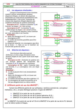 1STE ANALYSE FONCTIONNELLE DE LA PARTIE COMMANDE D’UN SYSTEME TECHNIQUE L.T Mohammedia
F.Cours n°5 LE GRAFCET Prof : MAHBAB Page 3 / 5
4.3. Les séquences simultanées :
4.4. Sélection de séquences :
5. Différents points de vue d’un GRAFCET :
Suivant les différents points de vue (utilisateur, technico-commercial, concepteur-
réalisateur, etc.), on peut distinguer plusieurs 3 types de GRAFCET :
• GRAFCET d’un point de vue du système ;
• GRAFCET d’un point de vue de la partie opérative (P.O) ;
• GRAFCET d’un point de vue de la partie commande (P.C).
NB :
Le GRAFCET d’un point de vue de la P.O et le GRAFCET d’un point de vue de la P.C doivent
avoir le même nombre d’étapes.
Lorsque le franchissement d'une transition
conduit à activer simultanément plusieurs
séquences d'étapes, on obtient des séquences
simultanées qui s'exécuteront parallèlement mais
indépendamment. C'est-à-dire, l'évolution de
chacune des séquences d'étapes dépendra des
conditions d'évolution du système automatisé.
Divergence en ET : lorsque la transition TA est
franchie, les étapes 1 et 4 sont actives.
Convergence en ET : la transition TB sera
validée lorsque les étapes 3 et 6 seront actives.
Si la réceptivité associée à cette transition
est vraie, alors celle-ci est franchie.
REMARQUE :
 Après une divergence en ET, on trouve une
convergence en ET.
 Le nombre de branches parallèles peut-être
supérieur à 2.
La réceptivité associée à la convergence peut-être
de la forme = 1. Dans ce cas la transition est
franchie dès qu'elle est active.
Divergence en ET
Convergence en ET
0
1
2
3
4
5
6
7
TA
Transition A
TB
Transition B
Une structure alternative permet
d'effectuer un choix unique d'évolution entre
plusieurs étapes en aval à partir d'une seule étape
en amont.
Divergence en OU : l'évolution du système vers
une branche dépend des réceptivités des
transitions TA et TB associées aux transitions.
Convergence en OU : après l’évolution dans
une branche, il y a convergence vers une étape
commune.
REMARQUE :
 A et B ne peuvent être vrais simultanément
(conflit).
 Après une divergence en OU, on trouve une
convergence en OU.
 Le nombre de branches peut-être supérieur à 2.
 La convergence de toutes les branches ne se
fait pas obligatoirement au même endroit.
Divergence en OU
Convergence en OU
0
1
2
3
4
5
6
TA
Transition B
TB
Transition A
7
 