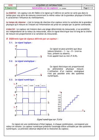 1STE ACQUÉRIR LES INFORMATIONS L.T Mohammedia
F.Cours n°6 Généralités sur les capteurs Prof : MAHBAB Page 2 / 2
La fidélité : Un capteur est dit fidèle si le signal qu’il délivre en sortie ne varie pas dans le
temps pour une série de mesures concernant la même valeur de la grandeur physique d’entrée.
Il caractérise l’Influence du vieillissement.
Le temps de réponse : c'est le temps de réaction d'un capteur entre la variation de la grandeur
physique qu'il mesure et l'instant où l'information est prise en compte par la partie commande.
Linéarité : Le capteur est linéaire dans une plage déterminée du mesurande, si sa sensibilité
est indépendante de la valeur du mesurande, alors le signal électrique tout le long de la chaîne
de mesure est proportionnel à la variation du mesurande.
5. Différents type de signaux délivrés par un capteur :
5.1. Le signal logique :
5.2. Le signal analogique :
5.3. Le signal numérique :
Signal numérique sur 3 bits
Ce signal est une combinaison d’état logique. A chaque combinaison, correspond une
valeur en tension. Le capteur numérique présente l'avantage d'être utilisable par des systèmes
numériques. La précision obtenue dépend de la résolution du capteur.
m
S
1
0
Ce signal ne peut prendre que deux
valeurs binaires « 1 » ou « 0 » (vrai ou
faux, présent ou absent).
Il est appelé tout ou rien (T.O.R).
m
S
0
Ce signal électrique est proportionnel
au phénomène physique mesuré.
L’utilisation d’un capteur analogique
n'est pas possible avec des systèmes
numériques.
m
S
000
001
010
011
100
101
110
111
t
S2
1
0
t
S1
1
0
t
S0
1
0
N=101 N=010 N=001 N=100 N=111
 