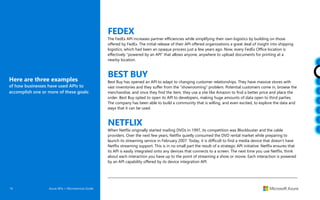 10 Azure APIs + Microservices Guide
Here are three examples
of how businesses have used APIs to
accomplish one or more of these goals:
FEDEX
The FedEx API increases partner efficiencies while simplifying their own logistics by building on those
offered by FedEx. The initial release of their API offered organizations a great deal of insight into shipping
logistics, which had been an opaque process just a few years ago. Now, every FedEx Office location is
effectively “powered by an API” that allows anyone, anywhere to upload documents for printing at a
nearby location.
BEST BUY
Best Buy has opened an API to adapt to changing customer relationships. They have massive stores with
vast inventories and they suffer from the “showrooming” problem. Potential customers come in, browse the
merchandise, and once they find the item, they use a site like Amazon to find a better price and place the
order. Best Buy opted to open its API to developers, making huge amounts of data open to third parties.
The company has been able to build a community that is willing, and even excited, to explore the data and
ways that it can be used.
NETFLIX
When Netflix originally started mailing DVDs in 1997, its competition was Blockbuster and the cable
providers. Over the next few years, Netflix quietly consumed the DVD rental market while preparing to
launch its streaming service in February 2007. Today, it is difficult to find a media device that doesn’t have
Netflix streaming support. This is in no small part the result of a strategic API initiative. Netflix ensures that
its API is easily integrated onto any devices that connects to a screen. The next time you use Netflix, think
about each interaction you have up to the point of streaming a show or movie. Each interaction is powered
by an API capability offered by its device integration API.
 