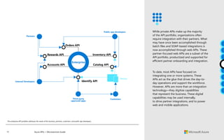 17 Azure APIs + Microservices Guide
While private APIs make up the majority
of the API portfolio, organizations often
require integration with their partners. What
may have once been accomplished through
batch files and SOAP-based integrations is
now accomplished through web APIs. These
partner-focused web APIs are a subset of the
API portfolio, productized and supported for
efficient partner onboarding and integration.
To date, most APIs have focused on
integrating one or more systems. These
APIs act as the glue that drives the day-to-
day operations and support the workforce.
However, APIs are more than an integration
technology—they digitize capabilities
that represent the business. These digital
capabilities may be used internally,
to drive partner integrations, and to power
web and mobile applications.
Orders API
Identify API
Rewards API Inventory API
Accounts API Catalog API
Partners
Internal Developers
Third-party
approved apps
Customers
Public app developers
Devices
Enterprise
The enterprise API portfolio addresses the needs of the business, partners, customers, and public app developers.
 
