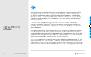 23 Azure APIs+ Microservices Guide
Mesh app and service architecture (MASA), a new architectural model introduced by Gartner, reflects
the shift over recent years from a focus on applications to digitizing capabilities and constructing
API platforms. MASA enables dynamic connections between services, people, and processes across
channels and devices. It incorporates the API platform with external APIs into new solutions, allowing
organizations to react to changes in the marketplace at a much faster pace than previously possible
with siloed applications.
A common enabler of MASA is the integration platform as a service, or iPaaS. An iPaaS helps
integrate APIs and events together into integration solutions that connect systems, resulting in new
capabilities. These new capabilities may be deployed as services or new APIs that may be consumed
by other applications.
With the emerging growth of MASA and iPaaS, there is now a possibility to enable business developers
to construct applications with limited code requirements. This will allow software developers to focus
on the more challenging tasks of building digital capabilities as APIs, while business users, comfortable
with things such as scripting Excel using Visual Basic for Applications (VBA), are able to build complete
applications without waiting for available resources from the IT department.
There is even an opportunity for marketing departments to build ephemeral applications that live for a
limited period of time, such as for supporting a conference, and then are thrown out once they are no
longer needed. Until now, this hasn’t been possible because the cost of development has been too high
to build ephemeral applications. We are still in the early days, but this is becoming more of a possibility.
Mesh app and service
architecture
 