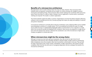 28 Azure APIs + Microservices Guide
Benefits of a microservice architecture
All organizations want to build software faster than they do today. However, they must ensure their
software works as expected, consistently and accurately. As a result, processes are installed to prevent
moving fast and breaking things. These processes often include meetings that coordinate within and across
teams. Every time there is a need to make a change to how an application or service works, coordination
meetings are required. This results in a slower organization.
This tension between speed and safety is common. Organizations must find the balance between delivering
software as fast as possible and the risk of introducing bugs that impact the safety and stability of customer
and partner interactions.
A microservice architecture is primarily about reducing coordination costs of aligning efforts across multiple
teams/developers working on a complex system. This is accomplished by limiting the scope of a single
service while ensuring it is independently deployable. When an enhancement or fix is required, it is made
within the microservice quickly and deployed with confidence. Data sources are assigned to a single service
and cannot be shared across services, otherwise the coordination cost of the microservices is higher when
changes are applied to a shared data store.
When microservices might be the wrong choice
Although microservices have been gaining in popularity, they may not be the right choice for all
organizations. Microservices were originally intended to separate highly complex systems by distributing
these complexities across the company, rather than having them concentrated in one area. They are best
for larger organizations with a large number of developers. Smaller organizations, with systems of lower
complexity, often find that the extra work of managing independent services outweighs the benefits of a
microservice architecture.
 