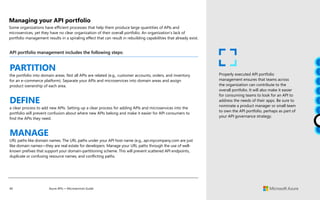 40 Azure APIs + Microservices Guide
API portfolio management includes the following steps:
PARTITION
the portfolio into domain areas. Not all APIs are related (e.g., customer accounts, orders, and inventory
for an e-commerce platform). Separate your APIs and microservices into domain areas and assign
product ownership of each area.
DEFINE
a clear process to add new APIs. Setting up a clear process for adding APIs and microservices into the
portfolio will prevent confusion about where new APIs belong and make it easier for API consumers to
find the APIs they need.
MANAGE
URL paths like domain names. The URL paths under your API host name (e.g., api.mycompany.com are just
like domain names—they are real estate for developers. Manage your URL paths through the use of well-
known prefixes that support your domain-partitioning scheme. This will prevent scattered API endpoints,
duplicate or confusing resource names, and conflicting paths.
Managing your API portfolio
Some organizations have efficient processes that help them produce large quantities of APIs and
microservices, yet they have no clear organization of their overall portfolio. An organization’s lack of
portfolio management results in a spiraling effect that can result in rebuilding capabilities that already exist.
Properly executed API portfolio
management ensures that teams across
the organization can contribute to the
overall portfolio. It will also make it easier
for consuming teams to look for an API to
address the needs of their apps. Be sure to
nominate a product manager or small team
to own the API portfolio, perhaps as part of
your API governance strategy.
 