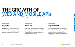 5 Azure APIs + Microservices Guide
THE GROWTH OF
WEB AND MOBILE APIs
There are three primary reasons why web APIs have gained traction over the last decade:
Simplicity
Web APIs speak a simple language: HTTP,
the language of the web. This promotes
easy integration from any programming
language—no special libraries required.
Higher demand
From single-page applications (SPAs) to native
and web-based mobile apps, the need for
mobile accessibility and anytime, anywhere
access has shifted the focus from HTML-
based delivery to the separation of data and
capabilities from the presentation layer.
Lower cost
Open source technologies have reduced the
cost of building web APIs compared with the
previous generation of technologies, which
required expensive middleware and training
to deliver them successfully.
 