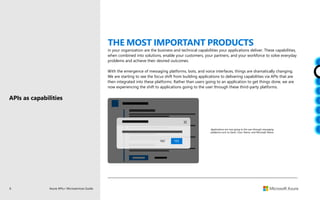 6 Azure APIs+ Microservices Guide
THE MOST IMPORTANT PRODUCTS
in your organization are the business and technical capabilities your applications deliver. These capabilities,
when combined into solutions, enable your customers, your partners, and your workforce to solve everyday
problems and achieve their desired outcomes.
With the emergence of messaging platforms, bots, and voice interfaces, things are dramatically changing.
We are starting to see the focus shift from building applications to delivering capabilities via APIs that are
then integrated into these platforms. Rather than users going to an application to get things done, we are
now experiencing the shift to applications going to the user through these third-party platforms.
Applications are now going to the user through messaging
platforms such as Slack, Cisco Teams, and Microsoft Teams.
NO YES
APIs as capabilities
 