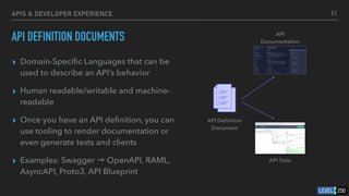 APIS & DEVELOPER EXPERIENCE
API DEFINITION DOCUMENTS
▸ Domain-Speci
fi
c Languages that can be
used to describe an API’s behavior
▸ Human readable/writable and machine-
readable
▸ Once you have an API de
fi
nition, you can
use tooling to render documentation or
even generate tests and clients
▸ Examples: Swagger → OpenAPI, RAML,
AsyncAPI, Proto3, API Blueprint
11
API De
fi
nition
Document
API
Documentation
API Tests
 