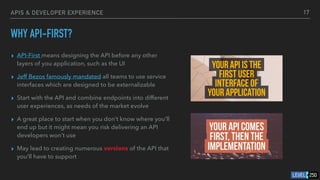 APIS & DEVELOPER EXPERIENCE
WHY API-FIRST?
▸ API-First means designing the API before any other
layers of you application, such as the UI
▸ Jeff Bezos famously mandated all teams to use service
interfaces which are designed to be externalizable
▸ Start with the API and combine endpoints into different
user experiences, as needs of the market evolve
▸ A great place to start when you don’t know where you’ll
end up but it might mean you risk delivering an API
developers won’t use
▸ May lead to creating numerous versions of the API that
you’ll have to support
17
 