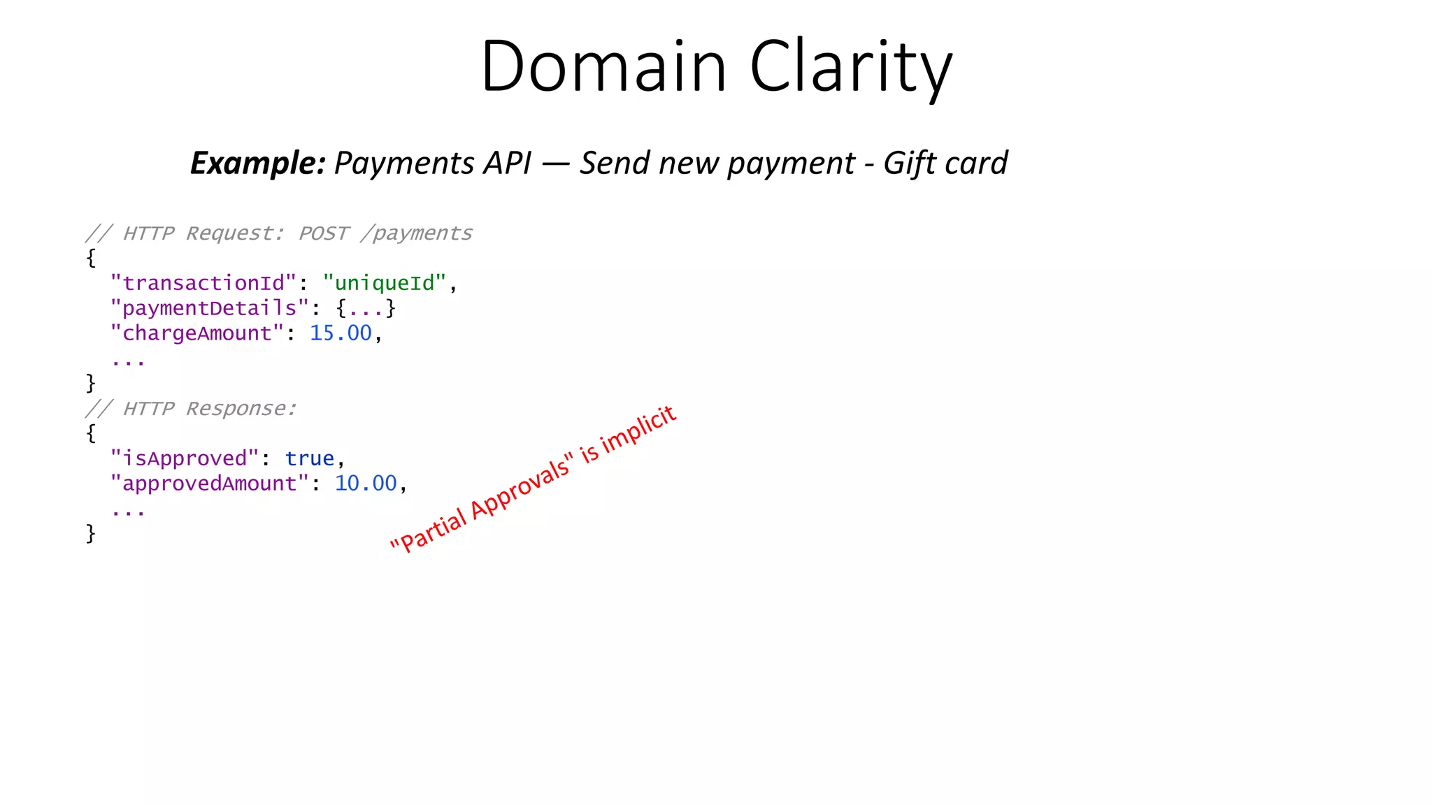 Domain Clarity Example: Payments API — Send new payment - Gift card // HTTP Request: POST /payments { "transactionId": "uniqueId", "paymentDetails": {...} "chargeAmount": 15.00, ... } // HTTP Response: { "isApproved": true, "approvedAmount": 10.00, ... } 