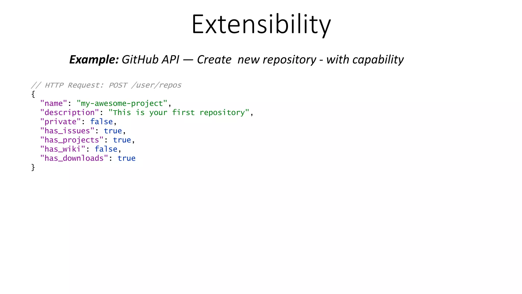 Extensibility Example: GitHub API — Create new repository - with capability // HTTP Request: POST /user/repos { "name": "my-awesome-project", "description": "This is your first repository", "private": false, "has_issues": true, "has_projects": true, "has_wiki": false, "has_downloads": true } 