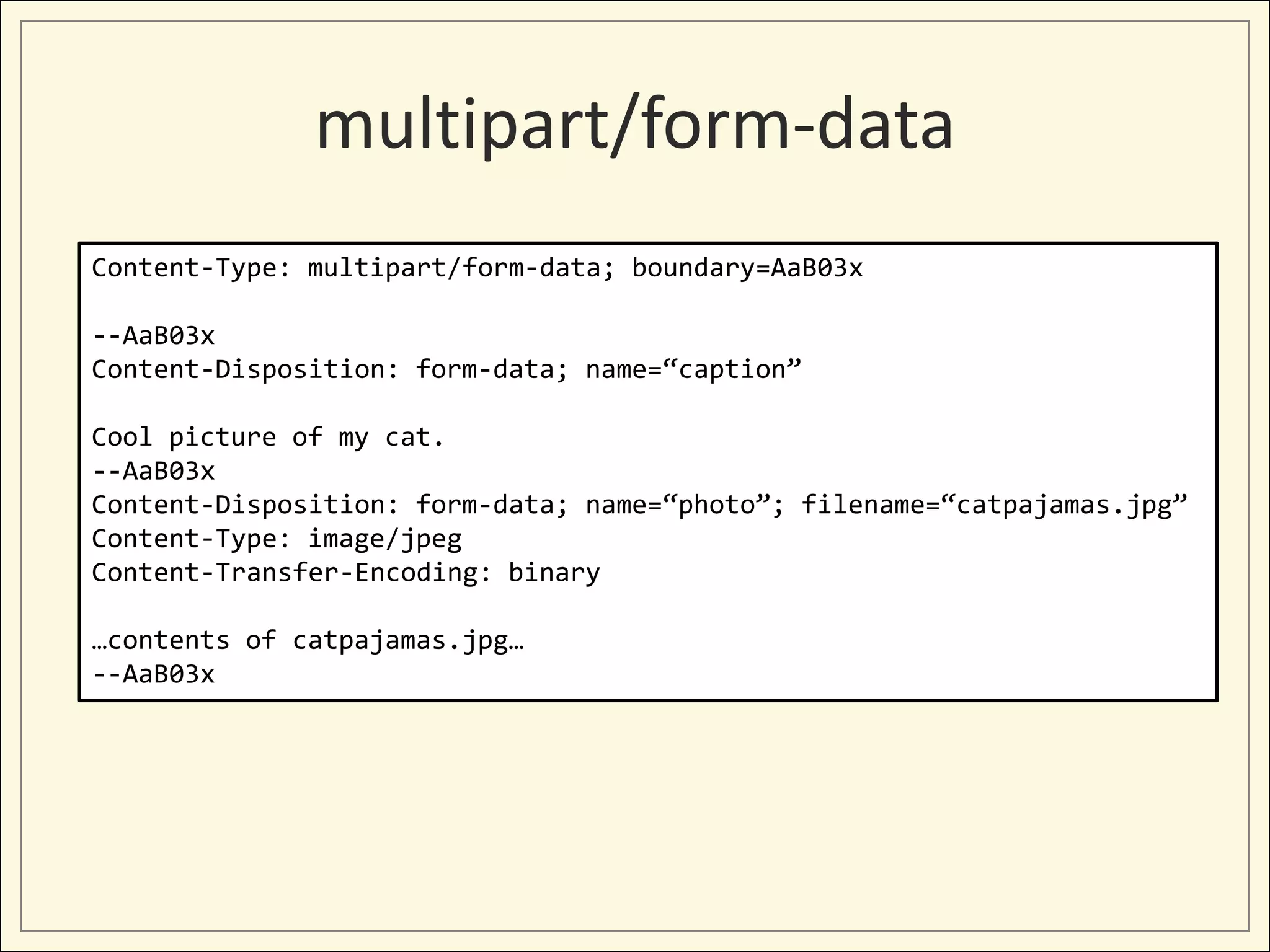 multipart/form-data
Content-Type: multipart/form-data; boundary=AaB03x

--AaB03x
Content-Disposition: form-data; name=“caption”

Cool picture of my cat.
--AaB03x
Content-Disposition: form-data; name=“photo”; filename=“catpajamas.jpg”
Content-Type: image/jpeg
Content-Transfer-Encoding: binary

…contents of catpajamas.jpg…
--AaB03x
 