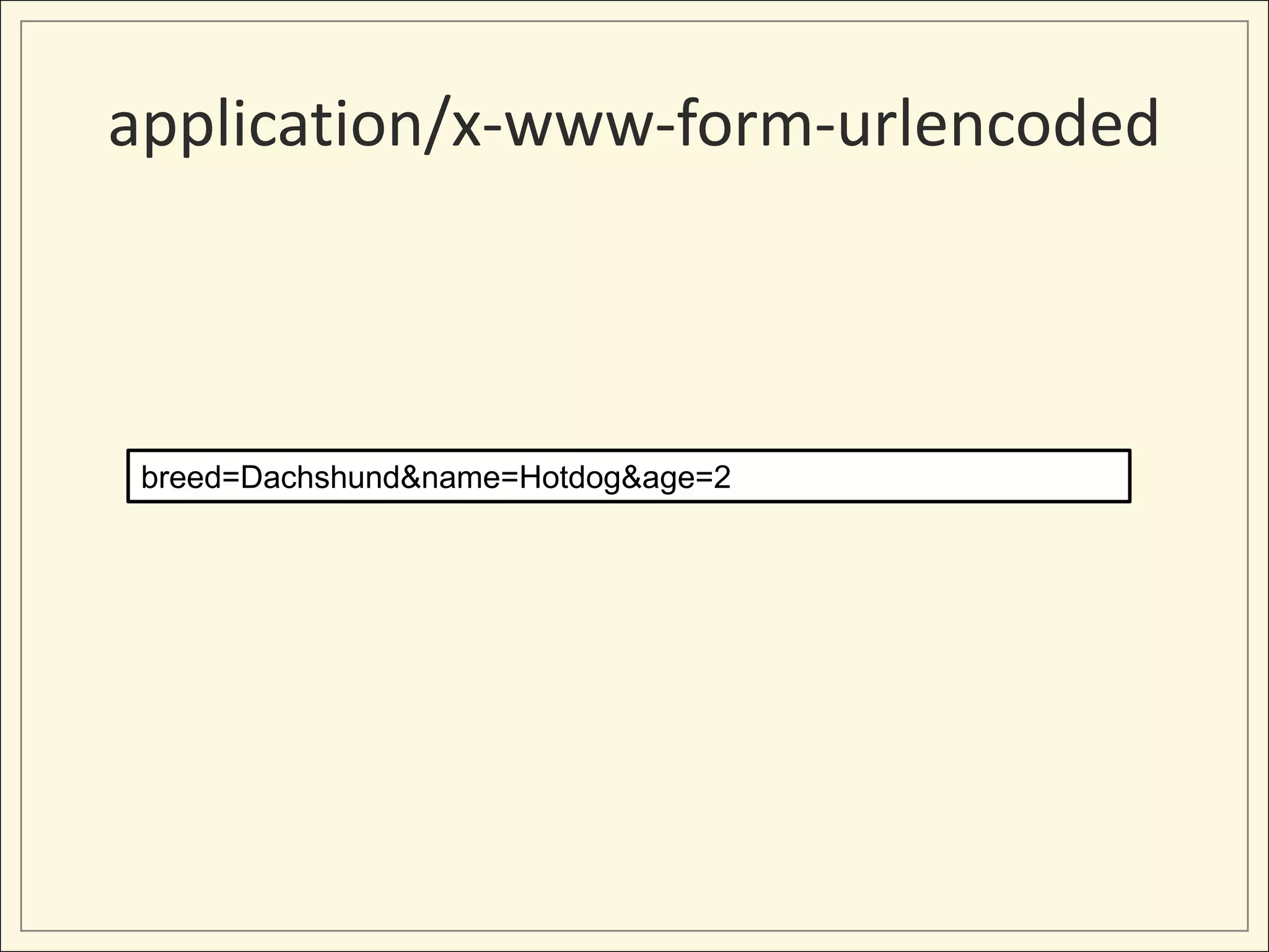 application/x-www-form-urlencoded



 breed=Dachshund&name=Hotdog&age=2
 