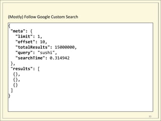 (Mostly) Follow Google Custom Search
{
 "meta": {
    "limit": 1,
    "offset": 10,
    "totalResults": 15000000,
    "query": "sushi",
    "searchTime": 0.314942
 },
 "results": [
   {},
   {},
   {}
 ]
}



                                       30
 
