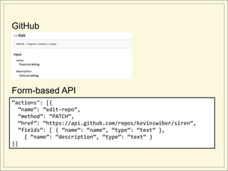 GitHub




Form-based API
”actions": [{
  “name”: “edit-repo”,
  “method”: “PATCH”,
  “href”: “https://api.github.com/repos/kevinswiber/siren”,
  ”fields”: [ { “name”: “name”, “type”: “text” },
    { “name”: “description”, “type”: “text” }
}]
 
