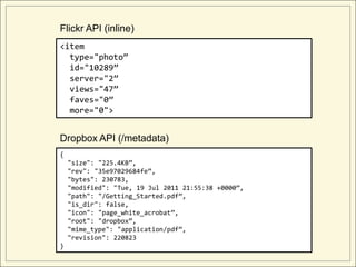 Flickr API (inline)
<item
  type="photo”
  id="10289”
  server="2”
  views="47”
  faves="0”
  more="0">


Dropbox API (/metadata)
{
    "size": "225.4KB”,
    "rev": "35e97029684fe”,
    "bytes": 230783,
    "modified": "Tue, 19 Jul 2011 21:55:38 +0000”,
    "path": "/Getting_Started.pdf”,
    "is_dir": false,
    "icon": "page_white_acrobat”,
    "root": "dropbox”,
    "mime_type": "application/pdf”,
    "revision": 220823
}
 