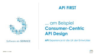 Software als SERVICE
API FIRST
Master Keyfact Subthema EINS, welches
ganz toll ist.
Master Keyfact Subthema ZWEI, welches
auch ganz toll ist.
API Experience ist die UX der Entwickler
... am Beispiel
Consumer-Centric
API Design
 