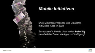 #WISSENTEILEN
Mobile Initiativen
$139 Milliarden Prognose des Umsatzes
mit Mobile Apps in 2021
Zusatzbenefit: Mobile User stellen freiwillig
persönliche Daten via Apps zur Verfügung!
 