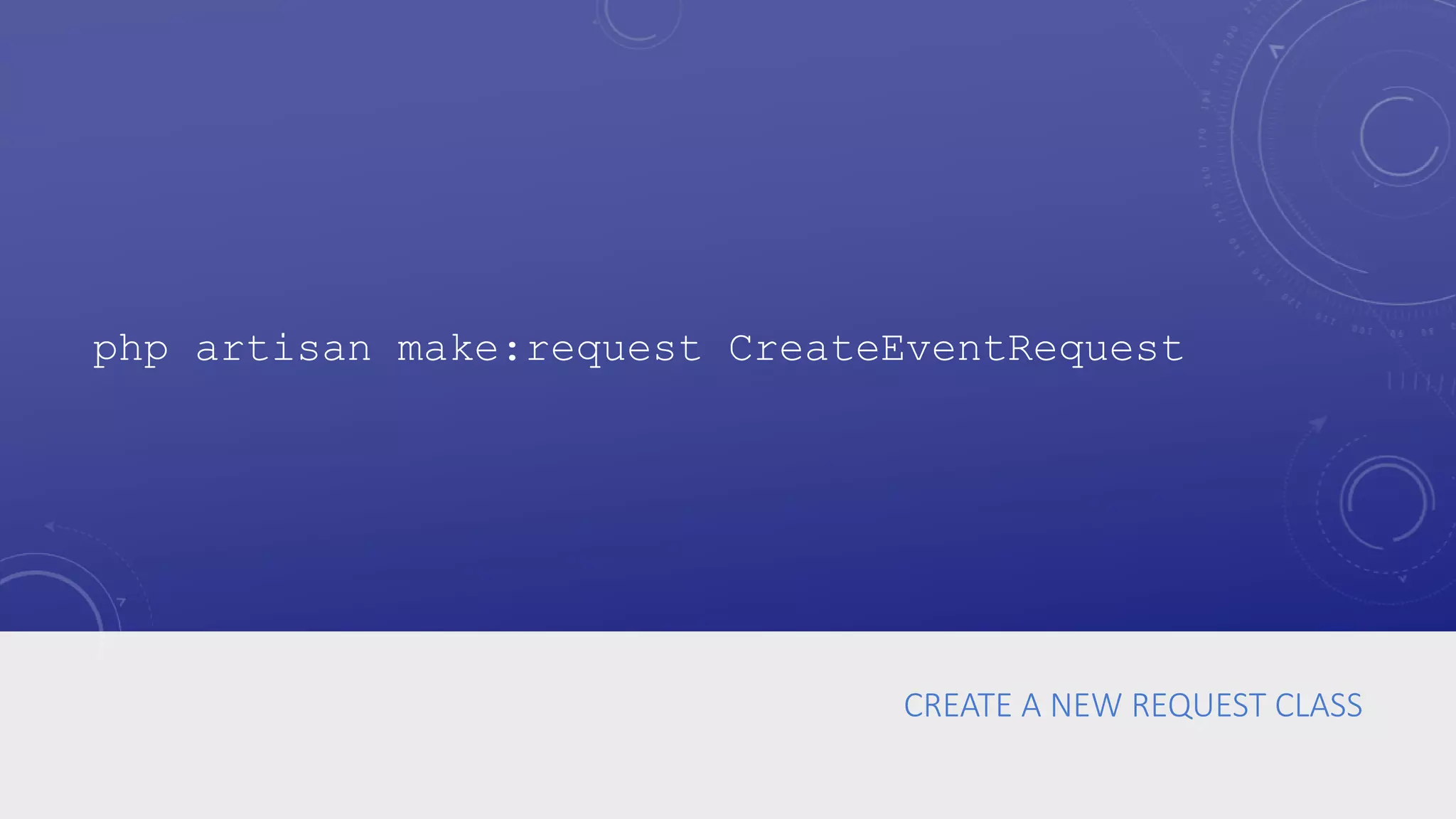 CREATE A NEW REQUEST CLASS
php artisan make:request CreateEventRequest
 