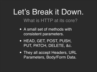 Let’s Break it Down.
• A small set of methods with
consistent parameters.
• HEAD, GET, POST, PUSH,
PUT, PATCH, DELETE, &c.
• They all accept Headers, URL
Parameters, Body/Form Data.
What is HTTP at its core?
 