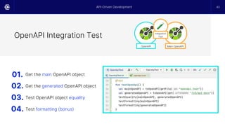 API-Driven Development 40
Get the main OpenAPI object
Get the generated OpenAPI object
Test OpenAPI object equality
Test formatting (bonus)
OpenAPI Integration Test
Main OpenAPI
OpenAPI
Integration
Test
01.
02.
03.
04.
 