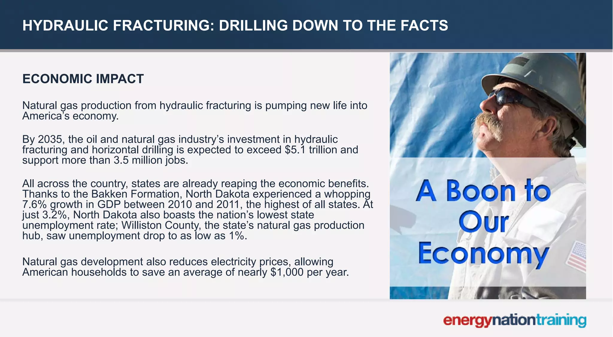 HYDRAULIC FRACTURING: DRILLING DOWN TO THE FACTS 
ECONOMIC IMPACT 
Natural gas production from hydraulic fracturing is pumping new life into America’s economy. 
By 2035, the oil and natural gas industry’s investment in hydraulic fracturing and horizontal drilling is expected to exceed $5.1 trillion and support more than3.5 million jobs. 
All across the country, states are already reaping the economic benefits. Thanks to the Bakken Formation, North Dakota experienced a whopping 7.6% growth in GDP between 2010 and 2011, the highest of all states. At just 3.2%, North Dakota also boasts the nation’s lowest state unemployment rate; Williston County, the state’s natural gas production hub, saw unemployment drop to as low as 1%. 
Natural gas development also reduces electricity prices, allowing American households to save an average ofnearly $1,000 per year.  
