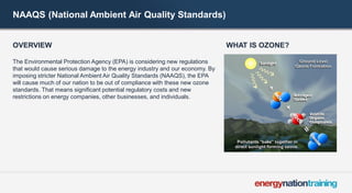 NAAQS (National Ambient Air Quality Standards) 
OVERVIEW 
The Environmental Protection Agency (EPA) is considering new regulations that would cause serious damage to the energy industry and our economy. By imposing stricter National Ambient Air Quality Standards (NAAQS), the EPA will cause much of our nation to be out of compliance with these new ozone standards. That means significant potential regulatory costs and new restrictions on energy companies, other businesses, and individuals. 
WHAT IS OZONE?  