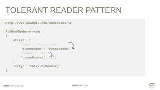 TOLERANT READER PATTERN
http://www.example.com/addresses/42
Attribut-Umbenennung
{
street: {
"name": "Poststraße",
"streetName": "Poststraße",
"number": "1",
"houseNumber": "1",
},
"city": "26122 Oldenburg"
}
 