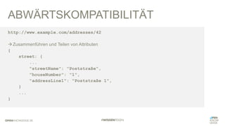 ABWÄRTSKOMPATIBILITÄT
http://www.example.com/addresses/42
àZusammenführen und Teilen von Attributen
{
street: {
...
"streetName": "Poststraße",
"houseNumber": "1",
"addressLine1": "Poststraße 1",
}
...
}
 