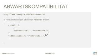 ABWÄRTSKOMPATIBILITÄT
http://www.example.com/addresses/42
àHerausforderungen: Ebene von Attributen ändern
{
street: {
...
"addressLine1": "Poststraße 1"
}
"addressLine1": "Poststraße 1",
...
}
 