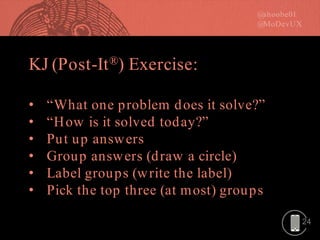 24
KJ (Post-It®) Exercise:
• “What one problem does it solve?”
• “How is it solved today?”
• Put up answers
• Group answers (draw a circle)
• Label groups (write the label)
• Pick the top three (at most) groups
 