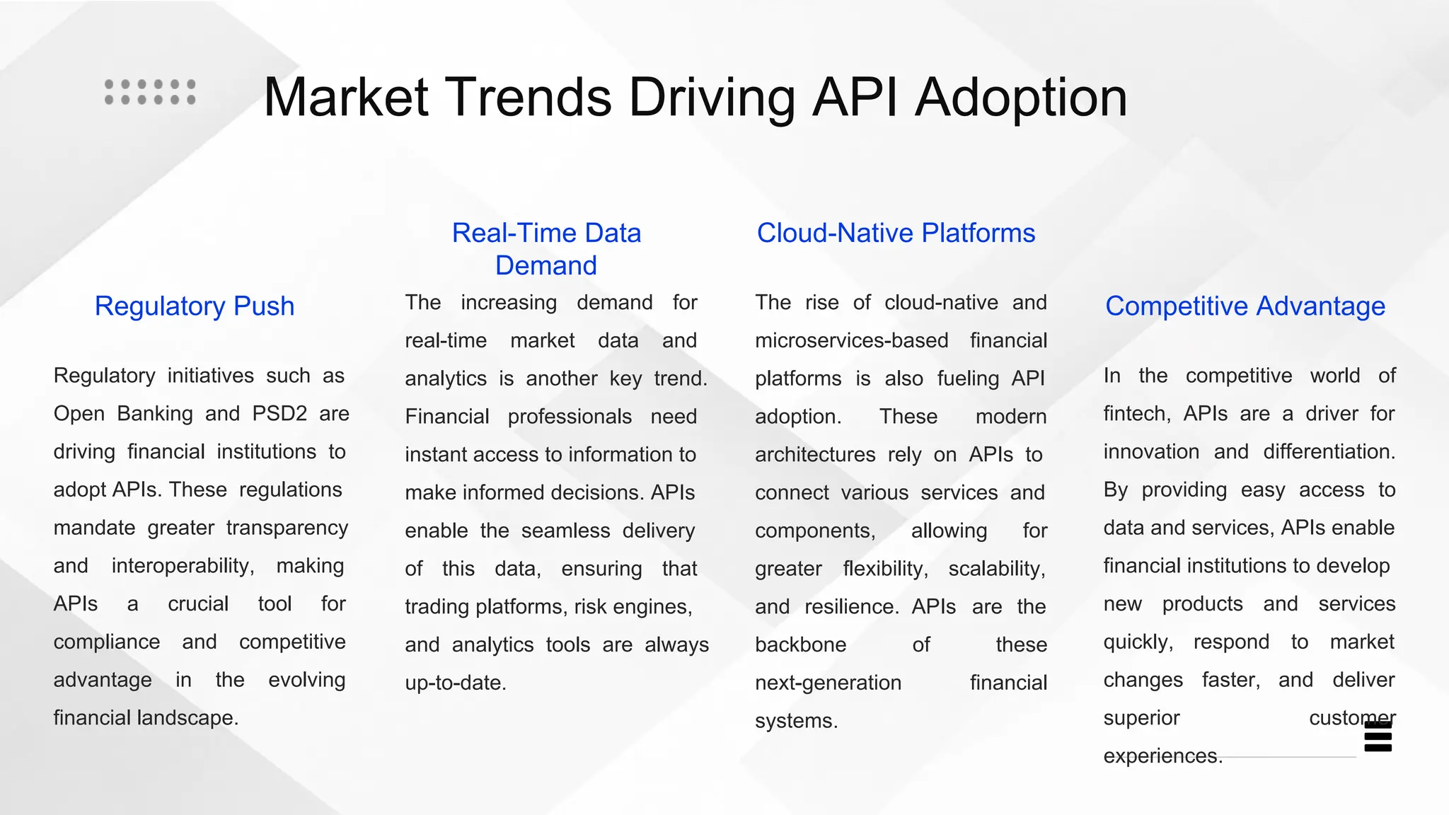 Market Trends Driving API Adoption
Regulatory Push
Regulatory initiatives such as
Open Banking and PSD2 are
driving financial institutions to
adopt APIs. These regulations
mandate greater transparency
and interoperability, making
APIs a crucial tool for
compliance and competitive
advantage in the evolving
financial landscape.
Real-Time Data
Demand
The increasing demand for
real-time market data and
analytics is another key trend.
Financial professionals need
instant access to information to
make informed decisions. APIs
enable the seamless delivery
of this data, ensuring that
trading platforms, risk engines,
and analytics tools are always
up-to-date.
Cloud-Native Platforms
The rise of cloud-native and
microservices-based financial
platforms is also fueling API
adoption. These modern
architectures rely on APIs to
connect various services and
components, allowing for
greater flexibility, scalability,
and resilience. APIs are the
backbone of these
next-generation financial
systems.
Competitive Advantage
In the competitive world of
fintech, APIs are a driver for
innovation and differentiation.
By providing easy access to
data and services, APIs enable
financial institutions to develop
new products and services
quickly, respond to market
changes faster, and deliver
superior customer
experiences.
 