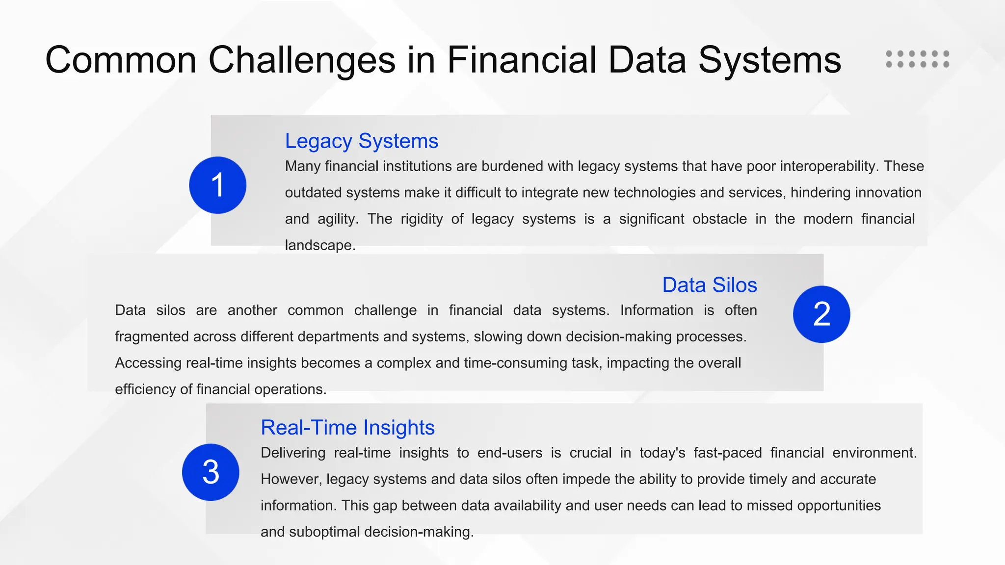 Common Challenges in Financial Data Systems
1
Legacy Systems
Many financial institutions are burdened with legacy systems that have poor interoperability. These
outdated systems make it difficult to integrate new technologies and services, hindering innovation
and agility. The rigidity of legacy systems is a significant obstacle in the modern financial
landscape.
2
Data Silos
Data silos are another common challenge in financial data systems. Information is often
fragmented across different departments and systems, slowing down decision-making processes.
Accessing real-time insights becomes a complex and time-consuming task, impacting the overall
efficiency of financial operations.
3
Real-Time Insights
Delivering real-time insights to end-users is crucial in today's fast-paced financial environment.
However, legacy systems and data silos often impede the ability to provide timely and accurate
information. This gap between data availability and user needs can lead to missed opportunities
and suboptimal decision-making.
 